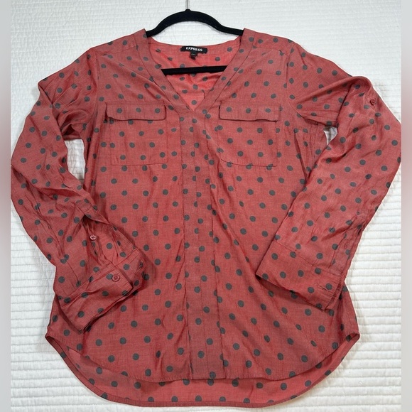 Express Brick Red Sheer Blouse w/ Gray Polka Dots. Buttoned Relaxed Blouse. - Picture 7 of 9